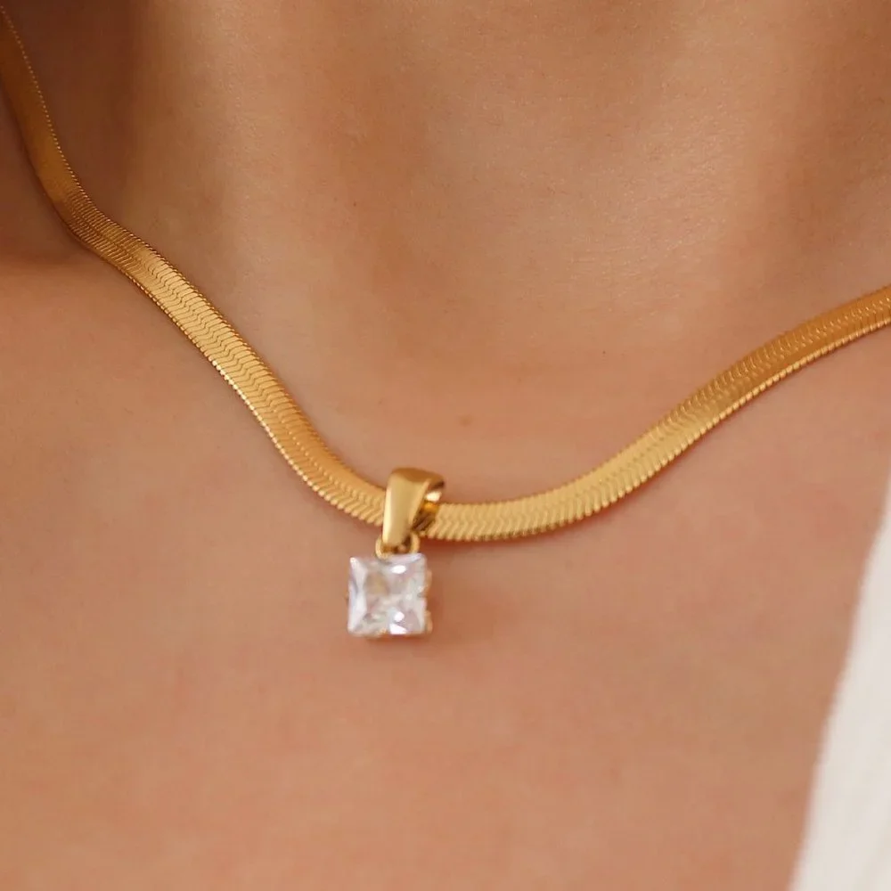 #NEW 18K Gold Plated 2CT Princess Cut Diamond Flat Herringbone Necklace